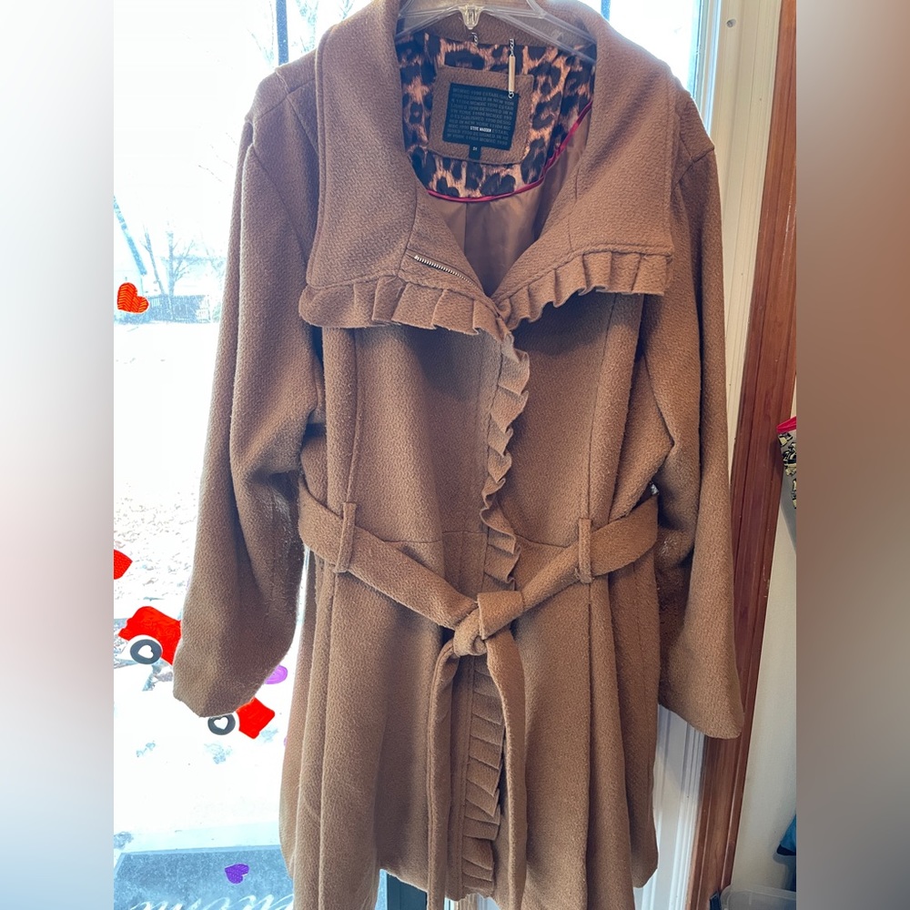 Steve Madden Womens Winter Wool Blend Ruffle Trench Coat Camel Size 3X